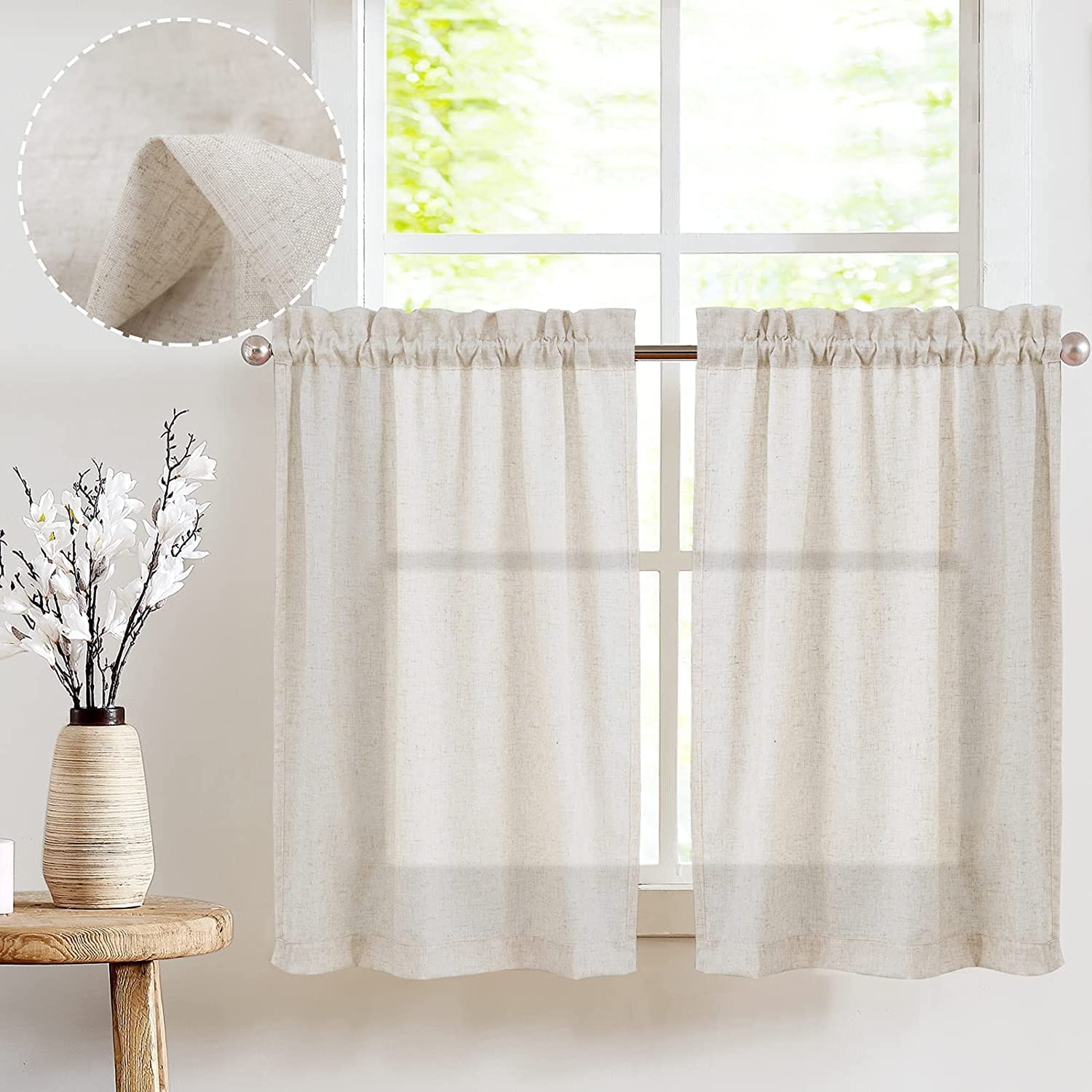 Photo 1 of jinchan Beige Kitchen Curtains Linen Tier Curtains 24 Inch Farmhouse Cafe Drapes for Small Window Flax Country Rustic Rod Pocket Bathroom Laundry Room RV Light Filtering 2 Panels Crude
