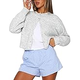 RUEWEY Women Y2k Crew Neck Button Down Long Sleeve Cropped Cardigan Knitted Sweater Light Jacket
