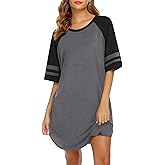 Ekouaer Cotton Nightgowns for Women Short Sleeve Sleep Shirts Crew Neck Night Shirts Soft Color Block Night Gown
