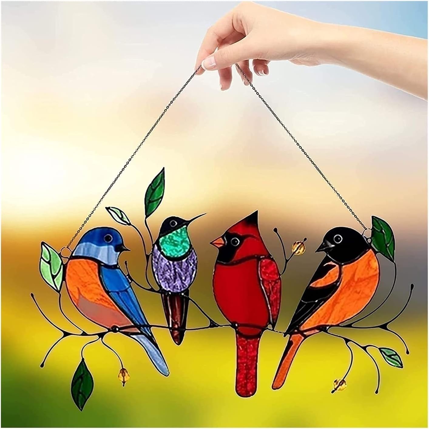 الطيور متعددة الألوان على نافذة زجاج معدنية معلقة، معلقة الزجاج الملون