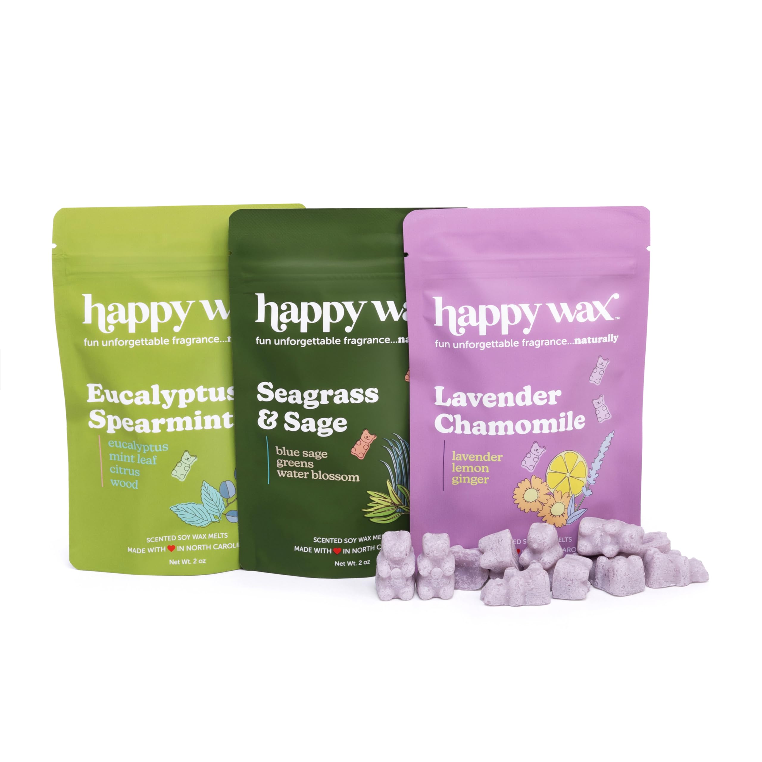 Happy Wax Spa Mix Premium Scented Natural, Non Toxic Soy Wax Melts – 6 Total Oz. of Scented Wax Melts. Includes: Seagrass & Sage, Lavender Chamomile, and Eucalyptus Spearmint