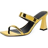 Modatope Women Gold High Heels Square Open Toe Sandals Sparkly Gold Slip On Heels Party Wedding Shoes Size 7