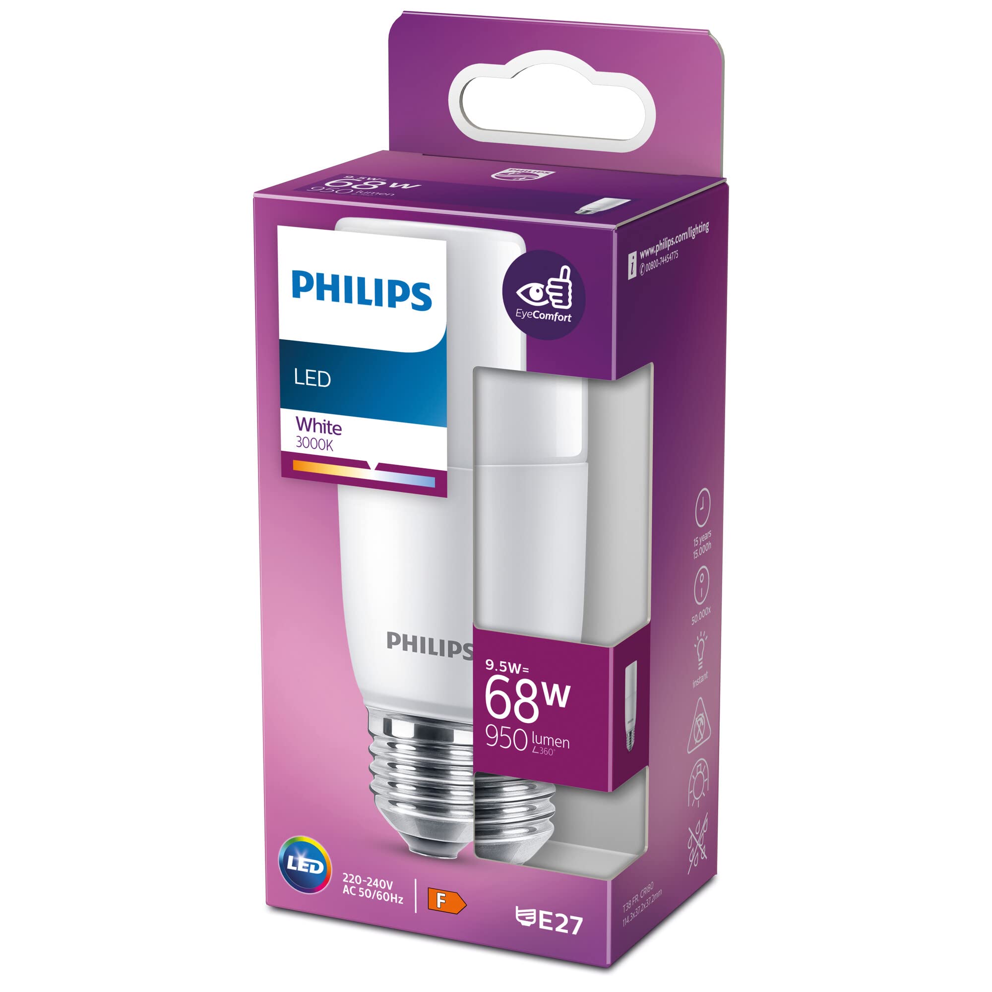 Philips LED Light T38 Frosted Stick [E27 Edison Screw] 9.5W - 68W Equivalent, White (3000K), Non-Dimmable