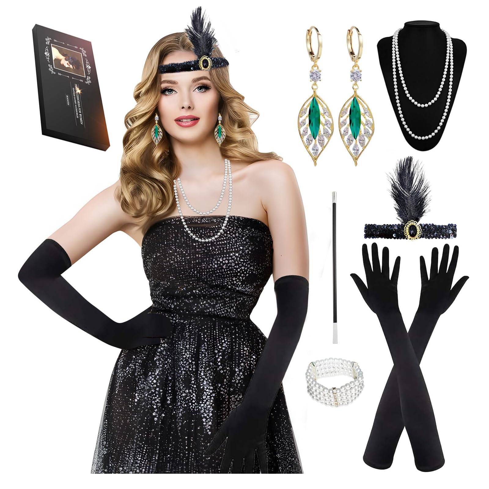 Roontin 1920s Vintage Gatsby Accessories Set With Peacock Feather Headband, Pearl Necklace, Cigarette Holder, Earrings, Long Gloves, Bracelet Kit for Women โ image 1