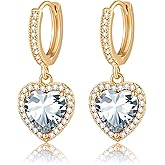 Austrian Crystal Heart Halo Drop Dangle Earrings for Women 14K Gold Plated Hypoallergenic Huggie Earring Jewelry Gifts