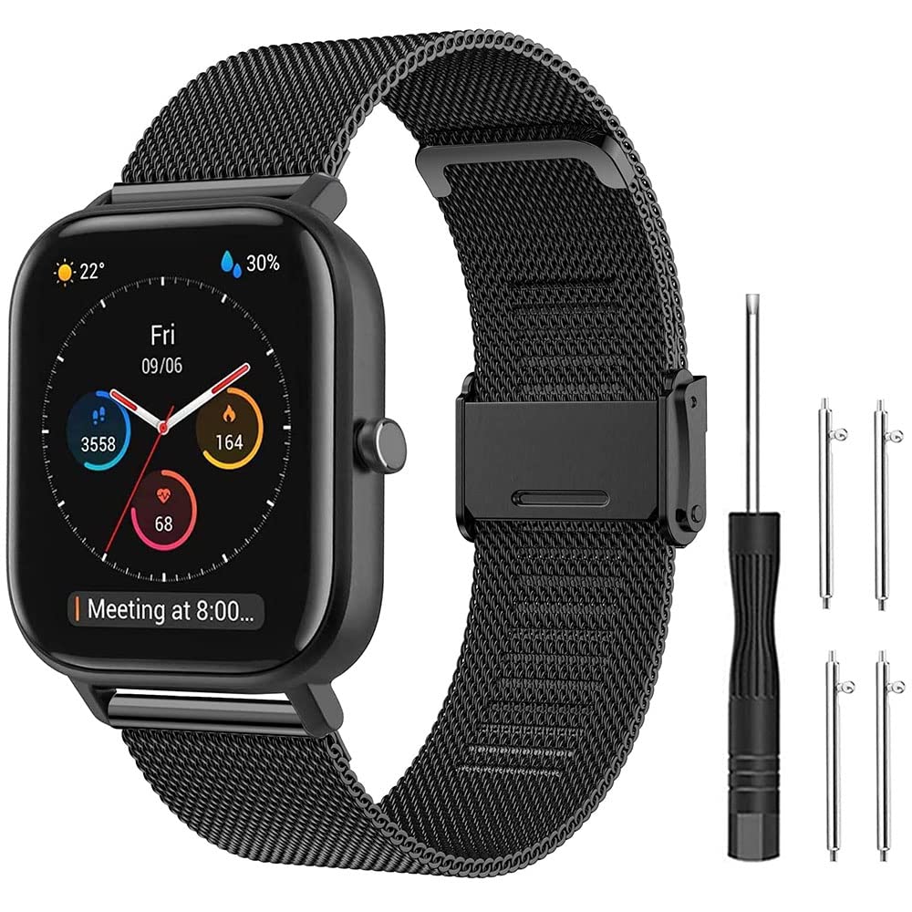 Flenco 20mm Replacement Stainless Steel Watch Strap For Amazfit GTR 42mm / Amazfit GTS 2/2 Mini / 2e / GTS 3 / Amazfit Bip/Bip Lite/Bip S/S Lite/Bip U/U Pro Replacement Band (Black)