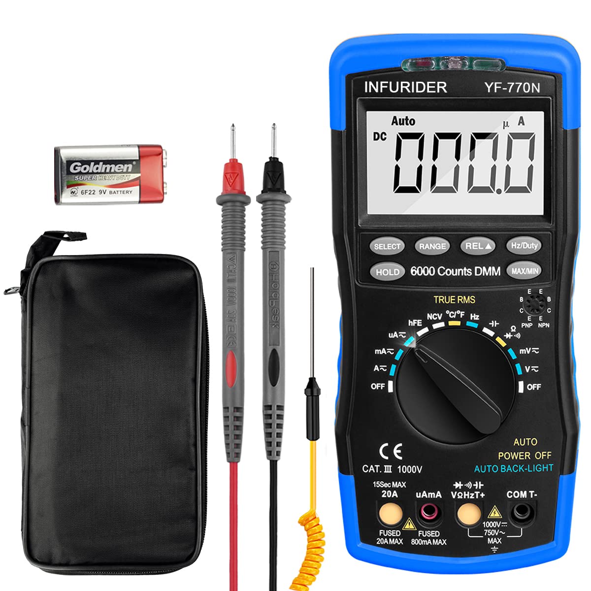 INFURIDER YF-770N Digital Multimeter 6000 Counts Auto-Ranging AC DC Amp Volt Ohm Meter Voltage Tester for Capacitance,Continuity and Diode,Multi Electrical Meter Tester with Mechanical Protection