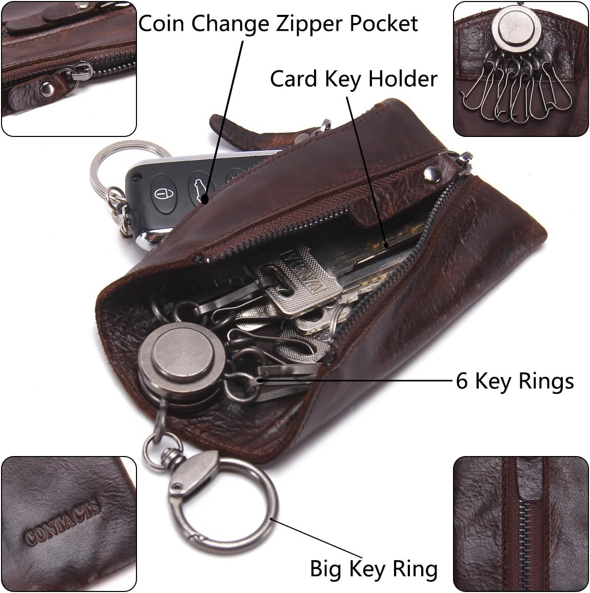 Contacts Genuine Leather Zipper Coin Pocket Purse Car Key Case Holder Keychain Wallet Dark Brown(Size: one size) - Image 3