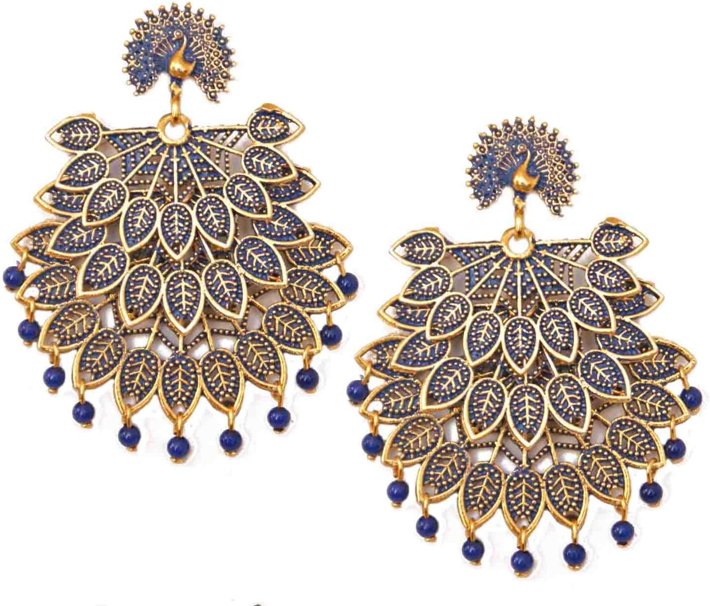 Pahal Traditional Jaipur Blue Pearl Painted Big Gold Jhumka Earrings Peacock Indian Bollywood Party Wear Bridal Jewelry for Women