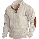 Cobiako Men's Casual Corduroy Sweatshirt Long Sleeve Elbow Patches Pullover Fashion Stand Collar Quarter Button Sweatshirts