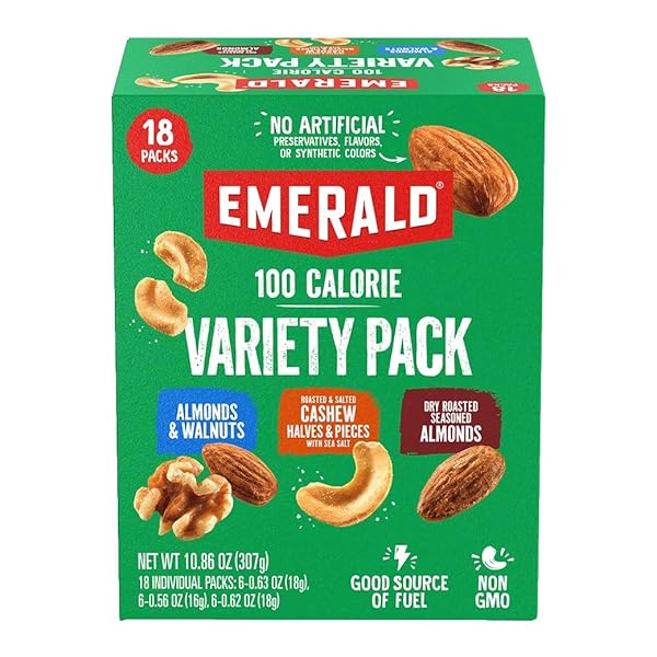 EMERALD NUTS MIXED NUTS VARIETY PACK 18CT (1-PACK) , 100-CALORIE INDIVIDUAL PACKS , FEATURES DRY ROASTED ALMONDS, NATURAL ALMONDS & WALNUTS, AND ROASTED & SALTED CASHEWS