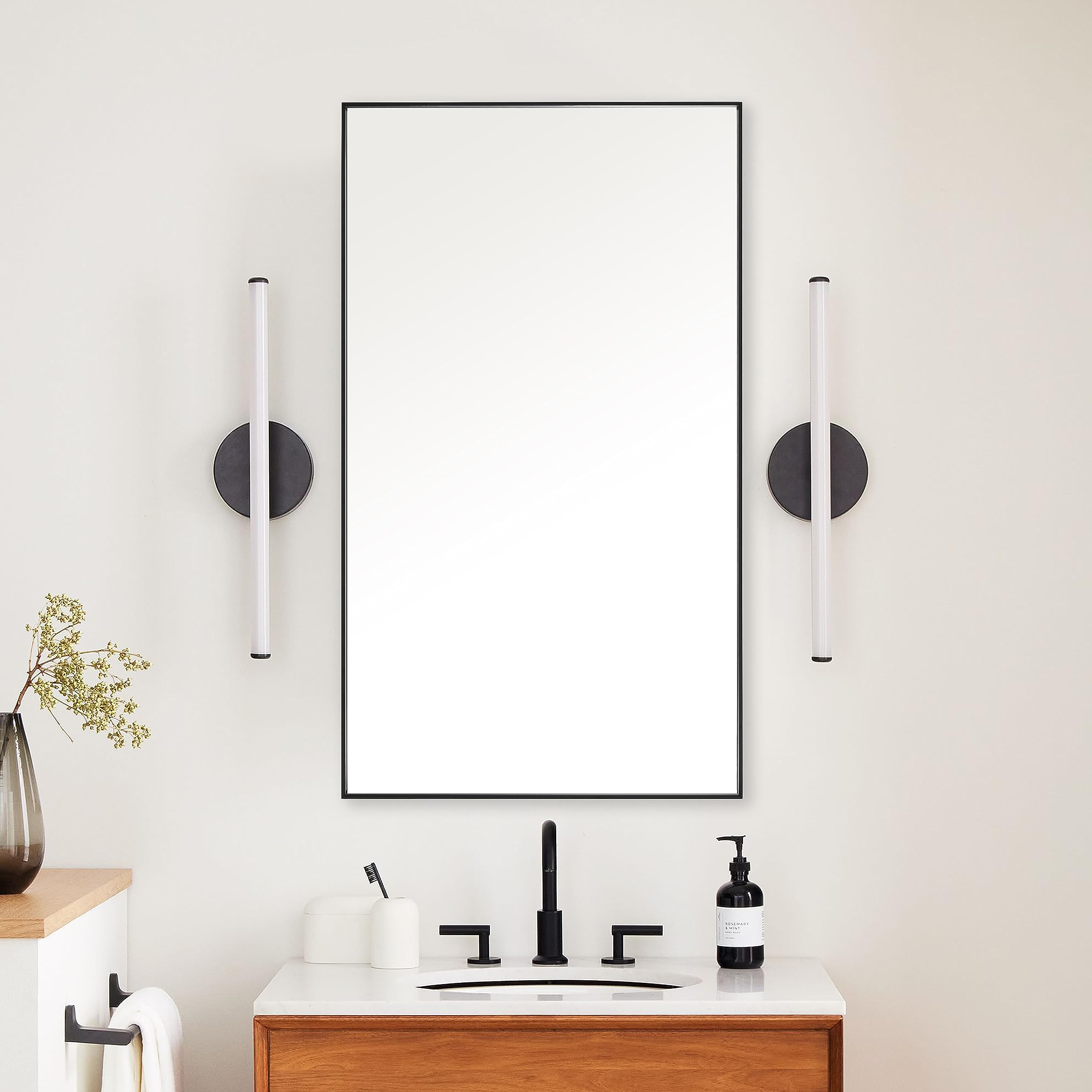 Photo 1 of LEDLUX 20x36 Inch Black Bathroom Mirror, Copper-Free Mirror, Aluminum Alloy Frame Vanity Mirror, Rectangle Wall Mounted Mirror, Modern Mirror for Bedroom/Living Room/Porch Horizontal or Vertical