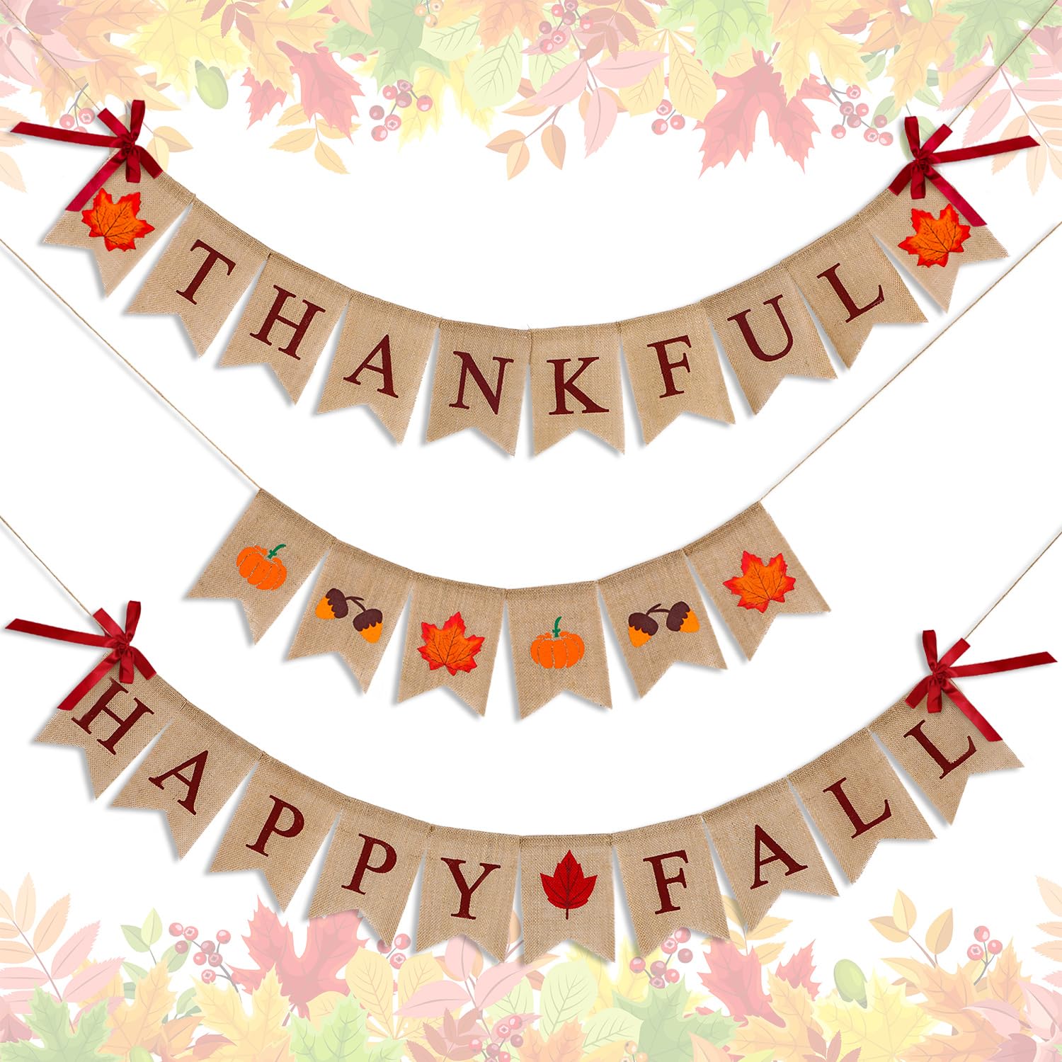 3 Pieces Happy Fall Thankful Burlap Banner Thanksgiving Fall Harvest Autumn Decorations Pumpkin Maple Leaf Acorn Banner for Thanksgiving Hanging Decoration