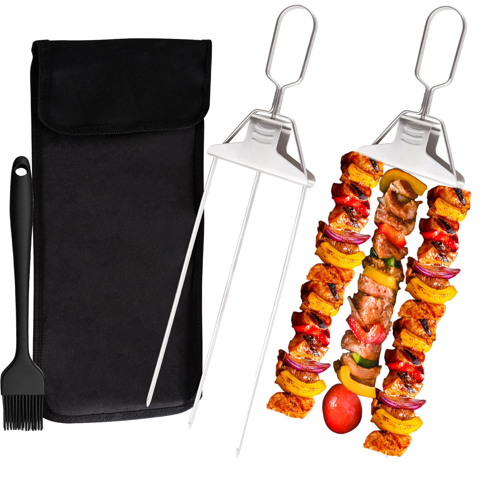 3 Way Grilling Skewers,2pcs Kabob Skewers with Brush and Storage Bag,3-Prong BBQ Skewer Stainless Steel,Easy to Use Push Bar Slider, Kabob Sticks for Meat,Chicken,Sausages,Veggies