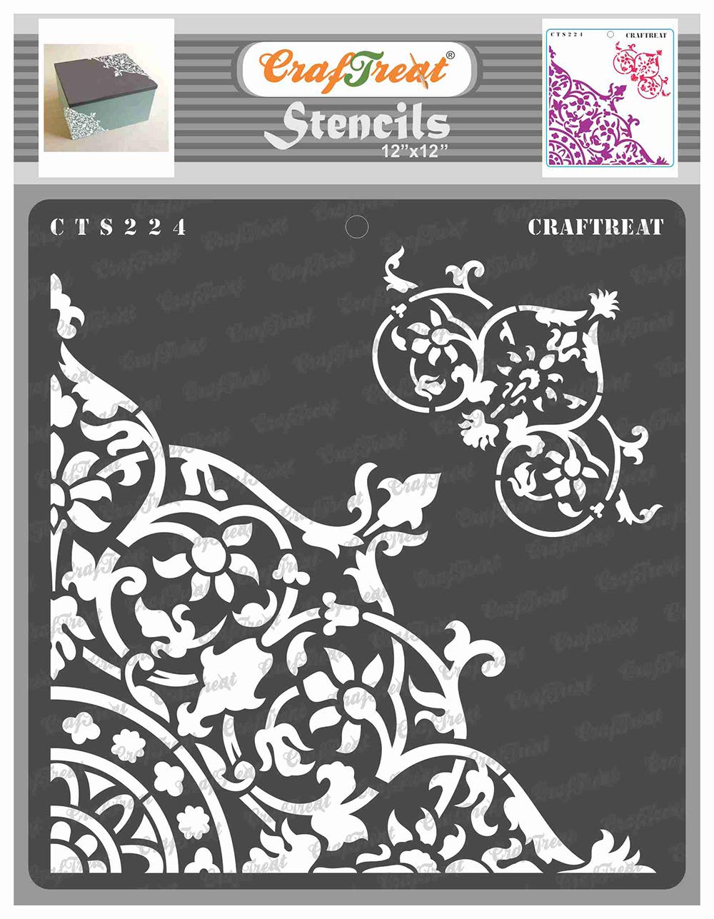 CrafTreat Reusable Corner Stencils for Painting on Wood, Wall, Tile, Canvas, Paper and Floor - Flourish Corner - 12x12 Inch - DIY Art and Craft Stencils - Floral Stencil - Floral Drawing Template