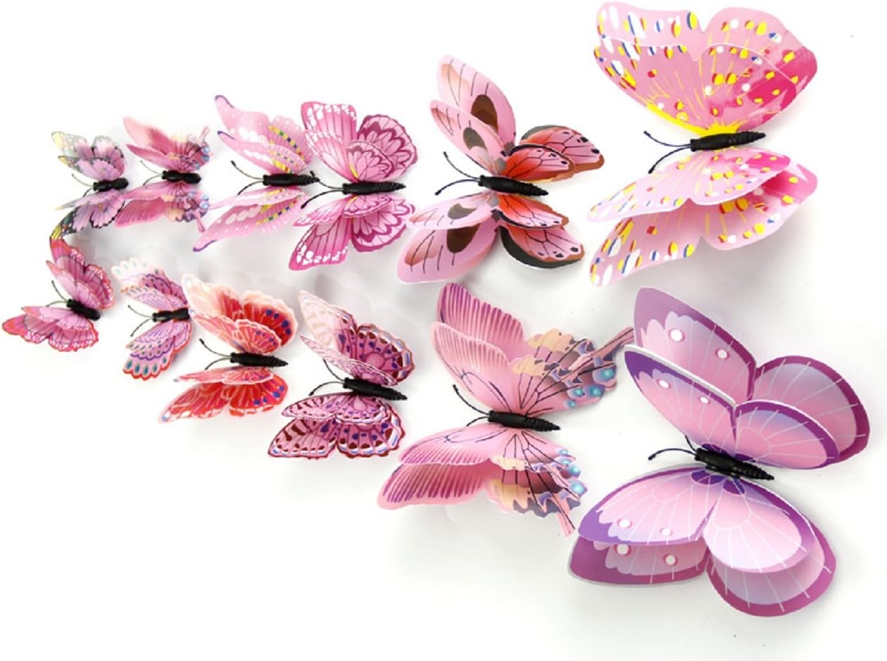DAGOU Mixed of 12PCS 3D Pink Butterfly Wall Stickers Decor Art Decorations: Home & Kitchen