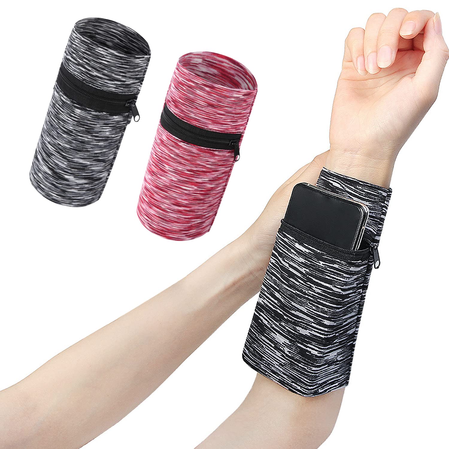 NINVVS 2 Pcs Sports Wrist Bag, Wrist Bag, Wristband Wallet, Zipper Wrist Bag, Outdoor Cycling and Running Arm Bag Zipper Type Change Key Multi-Purpose Storage Bag (L), Black gray, 10*15cm