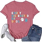 VQD Womens Dog Shirts Easily Distracted by Dogs Tshirt Dog Mom Paw Pet Lover Tee Tops