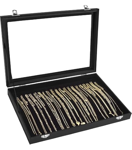 Velvet Jewelry Organizer Box With 20 Hooks & Clear Lid - Necklace Display Case For Home Or Store