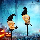 Halloween Solar Pathway Lights, 2 Pack Solar Skull Stake Lights with Skeleton Crows, Waterproof Outdoor Halloween Decorations for Yard, Garden, Lawn & Walkway