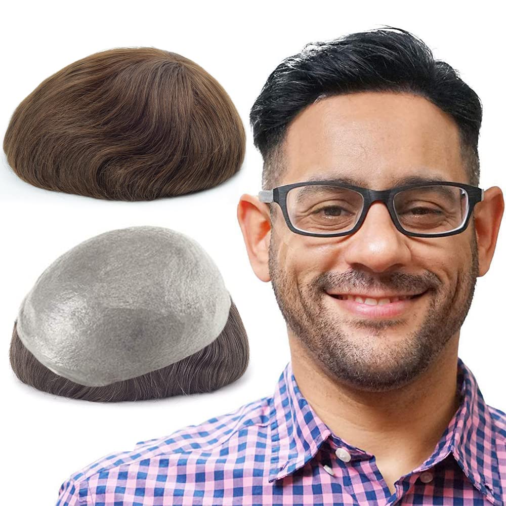 Lordhair Toupee for Men with 100% European human hair 8x10 inch Hairpiece for Men 0.06mm Super Thin Skin Hairsystem All V-looped Mens Toupee (Medium Dark Brown 4#) — image 1