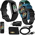 Fitbit Charge 6 Fitness Tracker Watch with Google apps (Black) Bundle with PremGear 3 Silicone Comfortable Watch Bands, 3foot Charge Cable, Adapter, Screen Shields & Cloth