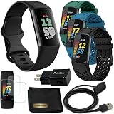 Fitbit Charge 6 Fitness Tracker Watch with Google apps (Black) Bundle with PremGear 3 Silicone Comfortable Watch Bands, 3foot Charge Cable, Adapter, Screen Shields & Cloth