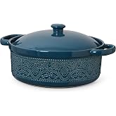 FE Casserole Dish with Lid, 2 Quart Ceramic Baking Dish, Grayish Blue | Oven to Table Round Serving Dish with Lid, Exquisite Lace Emboss Design, Gifts for Holidays, No Open Flame
