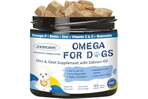 ZEBORA Omega 3 for Dogs with Salmon Oil, Fish Oil for Dogs Skin and Coat Supplement, Dog Allergy Relief, Hot Spot Treatment, Anti Shedding, Hip & Joint Support with EPA & DHA, Biotin, Vitamin E