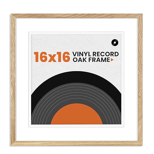Venusmiles Vinyl Record Frame Natural Oak Wood 16 X 16 Inches with White Mat, for 12.5" x 12.5" LP Record Album Display, Shatter-Resistant Tempered Glass Cover and Wall Hanging Hardware