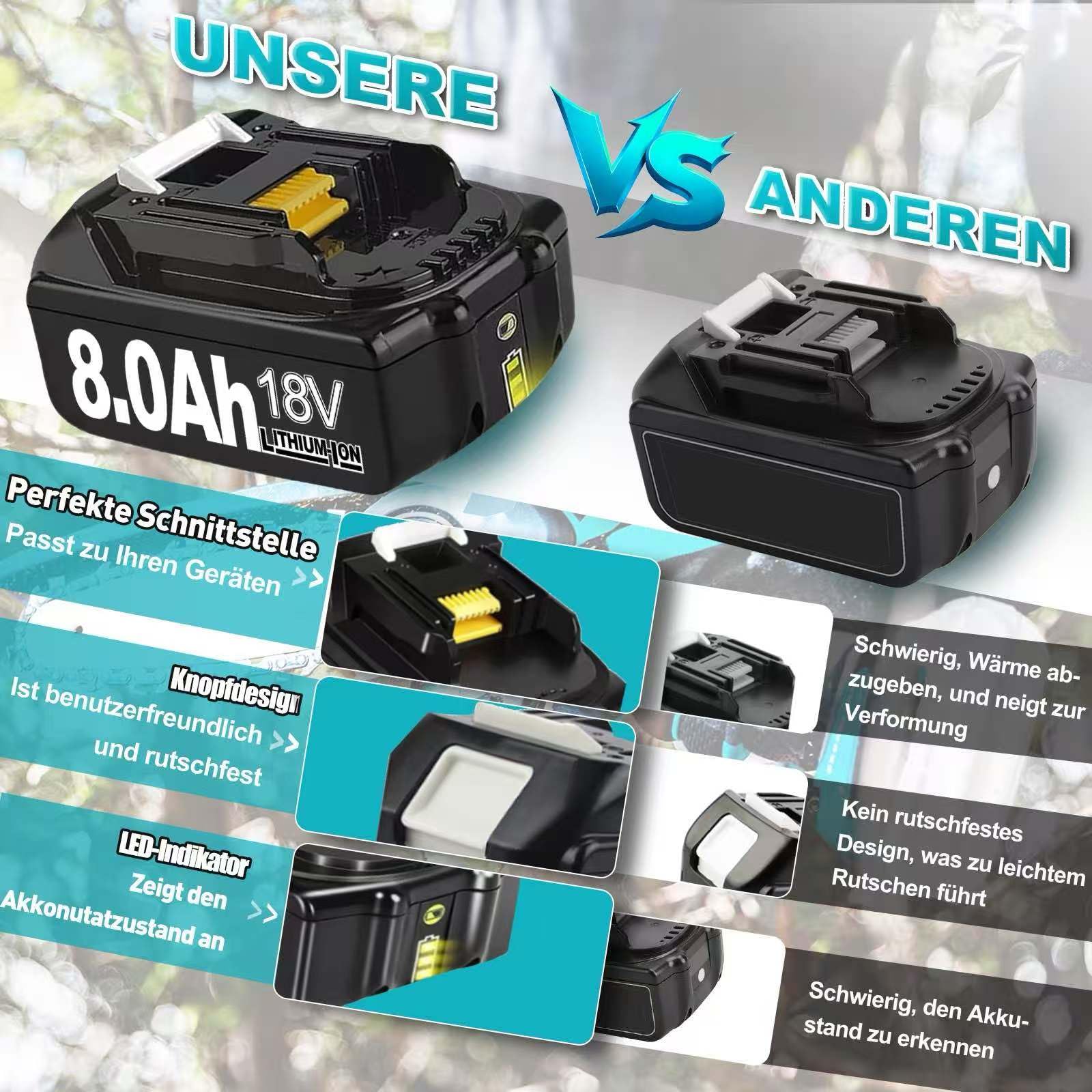 2 Stück 18V 8,0Ah Ersatzakku für Makita Akku 18V BL1860B BL1830 BL1850 BL1845 BL1840 BL1860 Li-Ion Kompatibel mit Makita Akku Elektrowerkzeugen und Ladegeräten mit LED-Anzeiger (8.0-2PACK) 5