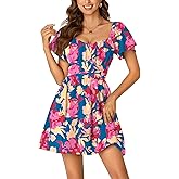 Rooscier Women's Tie Back Square Neck Wrap Ruffle Short Sleeve Flare Mini Dress Blue Floral Large
