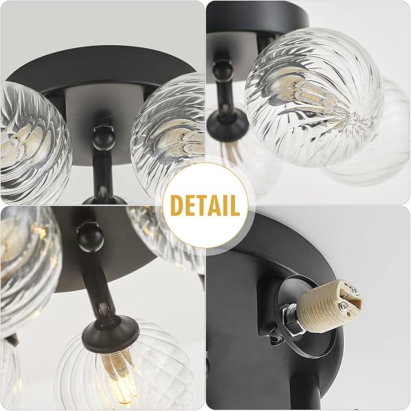 BRFAIXLA 5 LIGHTS SEMI FLUSH MOUNT CEILING BUBBLE LIGHT FIXTURE DIA 12.6″ BLACK CLOSE TO CEILING LIGHT MODERN SWIRLED CLEAR RIBBED BLOWN GLASS BALL CHANDELIER FOR HALLWAY ENTRYWAY KITCHEN DINING ROOM