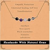 Gracayfr Empath Protection Healing Crystal Necklace Black Tourmaline Hematite Rose Quartz Amethyst Labradorite Necklace Spiritual Crystal Natural Stone Beaded Necklace Jewelry Gifts For Women