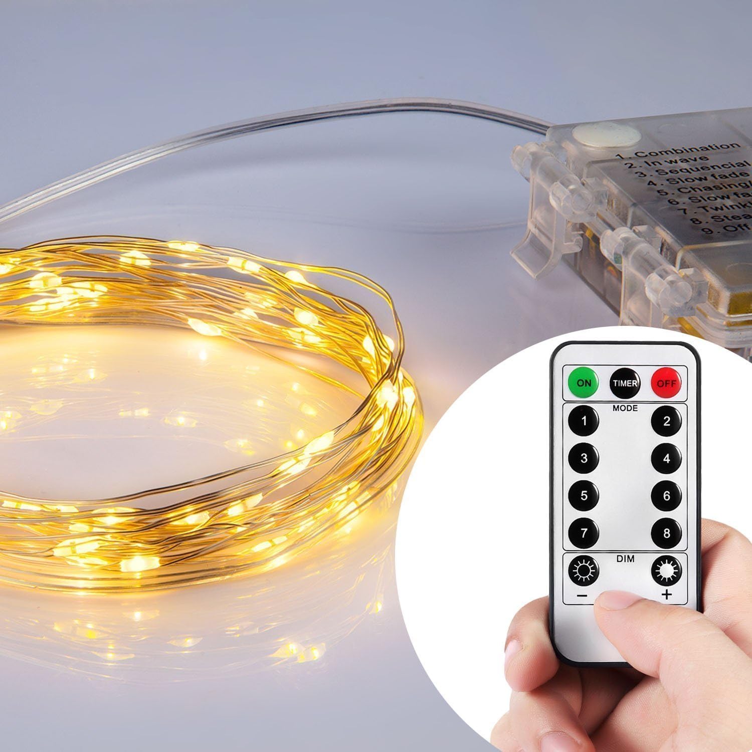Lyhoon 16.4FT (5m) 50 LEDs Battery Operated Waterproof LED String Lights Flexible Silver Wire Fairy Lights with Wireless Remote Control (5m, Warm White) [Energy Class A+++]