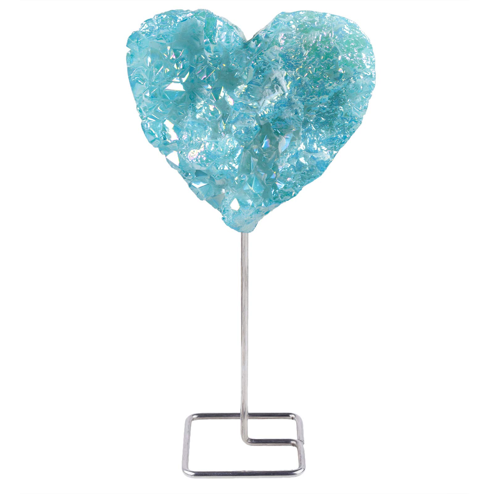 mookaitedecor Titanium Coated Clear Quartz Crystal Blue Heart Specimen with Stainless Steel Stand, Raw Crystal Cluster Love Heart Ornament Blue Room Decor Rock and Mineral Reiki Healing Crystal Gift