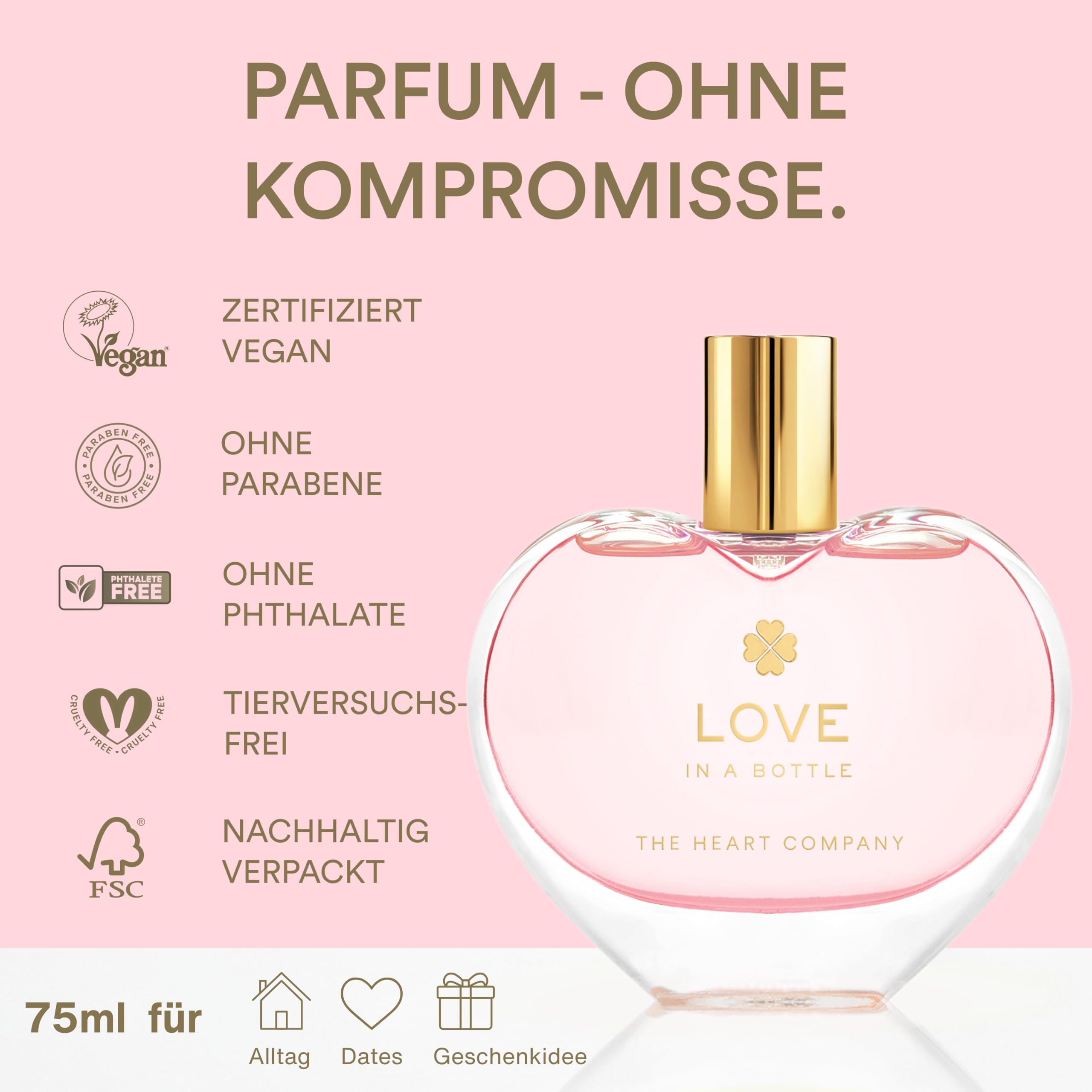 LOVE in a bottle Parfüm Damen 75ml - Eau de Parfum Damen - Veganes Damenparfüm - Blumiger Duft mit Rose, Jasmin, Vanille & Moschus - Herzflakon als Geschenk für Frauen 5