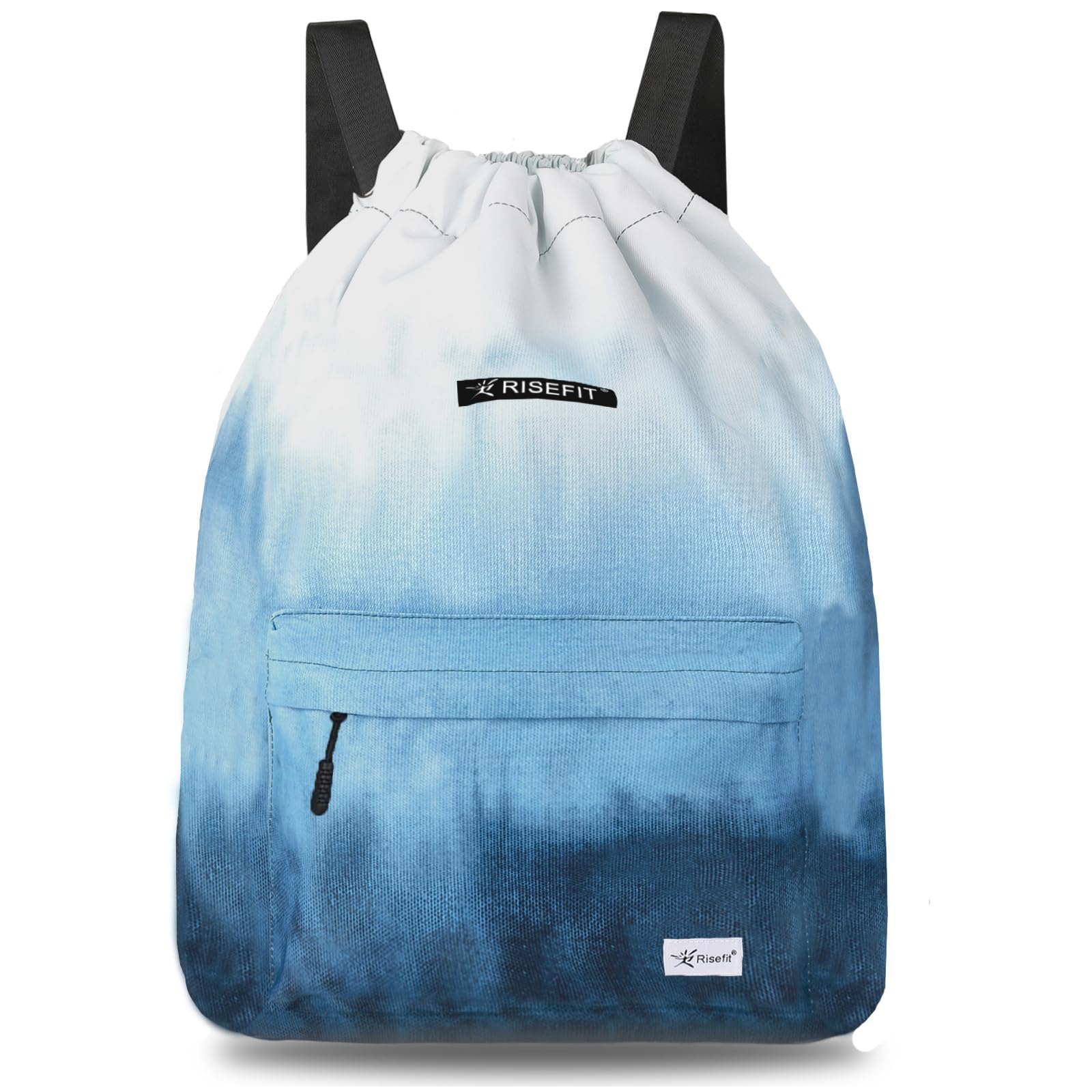 Risefit Drawstring Gym Bag Swim Bag School PE Kit Bags Waterproof Gym Backpack Beach Bags with Wide Straps Children Adults (Blue white)
