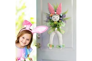 LCYTSATO Easter Wreath, Front Door Spring Decoration, 21 Inches Large Size Easter Bunny Wreath Wall Window Decor, Handmade Rabbit Flower Garland Home Farmhouse Decorations, with 1 Hook Up (Bunny Wreath)