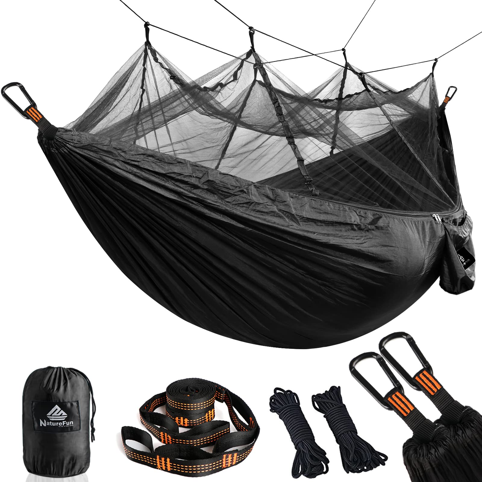 NATUREFUN Travel Bug Net Camping Hammock | 300kg Load Capacity,(275 x 140 cm) Breathable,Quick-drying Parachute Nylon | 2 x Premium Carabiners,4 x Nylon Slings Included | For Outdoor Indoor Garden
