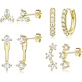 4 Pairs Stud Hoop Earrings Set for Women, Trendy Dangle Jacket Huggie Stacks for Multiple Piercing, Hypoallergenic Cartilage Jewelry Gifts