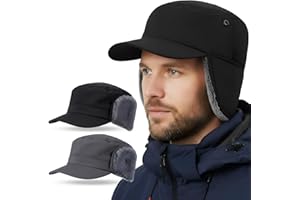 Jeere 2 Pcs Men's Waterproof Winter Hat with Visor Warm Earflaps Winter Trapper Hat Fully Lined Faux Fur Baseball Cap