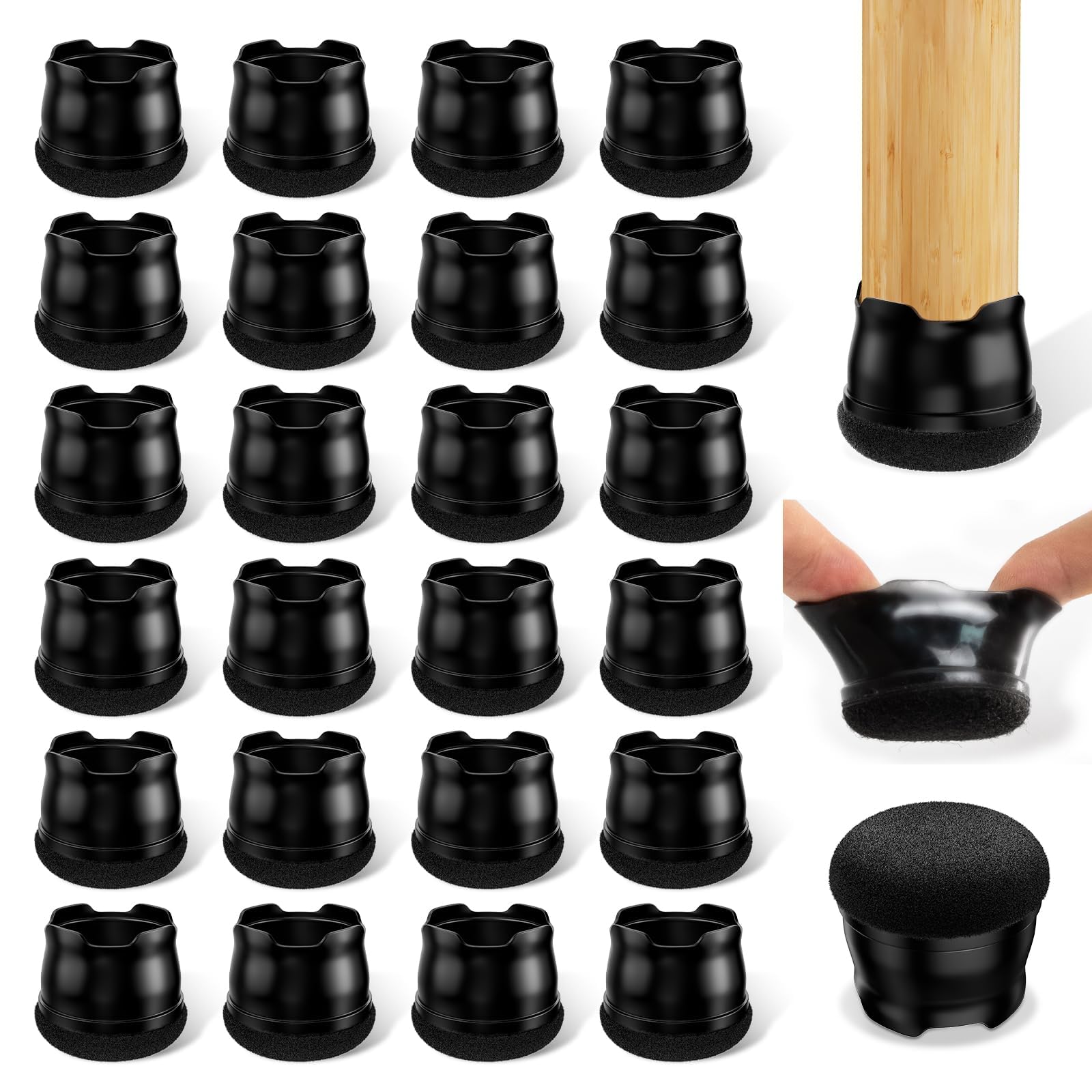 yomanta Chair Leg Floor Protectors 24PCS，Silicone Felt Furniture Leg Cover，Furniture Feet Protectors Pads，Protect Floors from Scratches，Reduce Noise -Round, Black M(Fit 26-30mm)