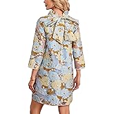 Women's Floral Jacquard Shift Dress Mini 3/4 Sleeve Ruffle Collar Bow Tie Elegant Cocktail Party Sheer Mesh Dresses
