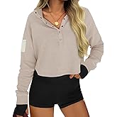Fisoew Womens Cropped Sweatshirts Casual Henley Neck Snap Button Long Sleeve Ribbed Loose Fit Fall Crop Tops