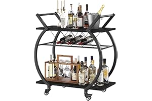 LVB Black Wine Cart with Wheels, Modern Bar Cart with Wine Rack, Industrial Beverage Rolling Kitchen Serving Cart with Storage, Metal Wooden Microwave Drink Liquor Cart for Home Dining Room, Black Oak