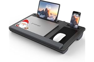 Potuopy Lap Desk - Up to 17” Laptop Tray with Wrist Rest, Portable Handle, Fixed Mouse Pad, Tablet & Phone Slots, Laptop Stand for Bed with Cushion (Black)
