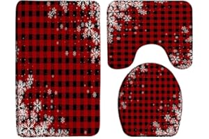 SUNHE 3 Piece Merry Christmas Bath Mat Sets Red Black Buffalo Plaid Snowflake Vintage Rustic Farmhouse Winter Holiday Festival Bathroom Rug, Toilet Seat Cover, U-Shaped Floor Mat
