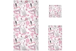 Naanle Chic Romantic Paris Butterfly Eiffel Tower Bike Soft Luxury Set of 3 Towels, 1 Bath Towel+1 Hand Towel+1 Washcloth, Multipurpose for Bathroom, Hotel, Gym, Spa and Beach(Pink)