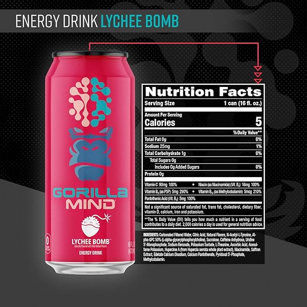 GORILLA MIND ENERGY DRINK | UNMATCHED ENERGY · AMPLIFIED FOCUS | N-ACETYL-L-TYROSINE, ALPHA-GPC, 200MG CAFFEINE, URIDINE, SAFFRON | 0 SUGAR OR ARTIFICIAL COLORS | 16OZ, 12-PACK (LYCHEE BOMB)